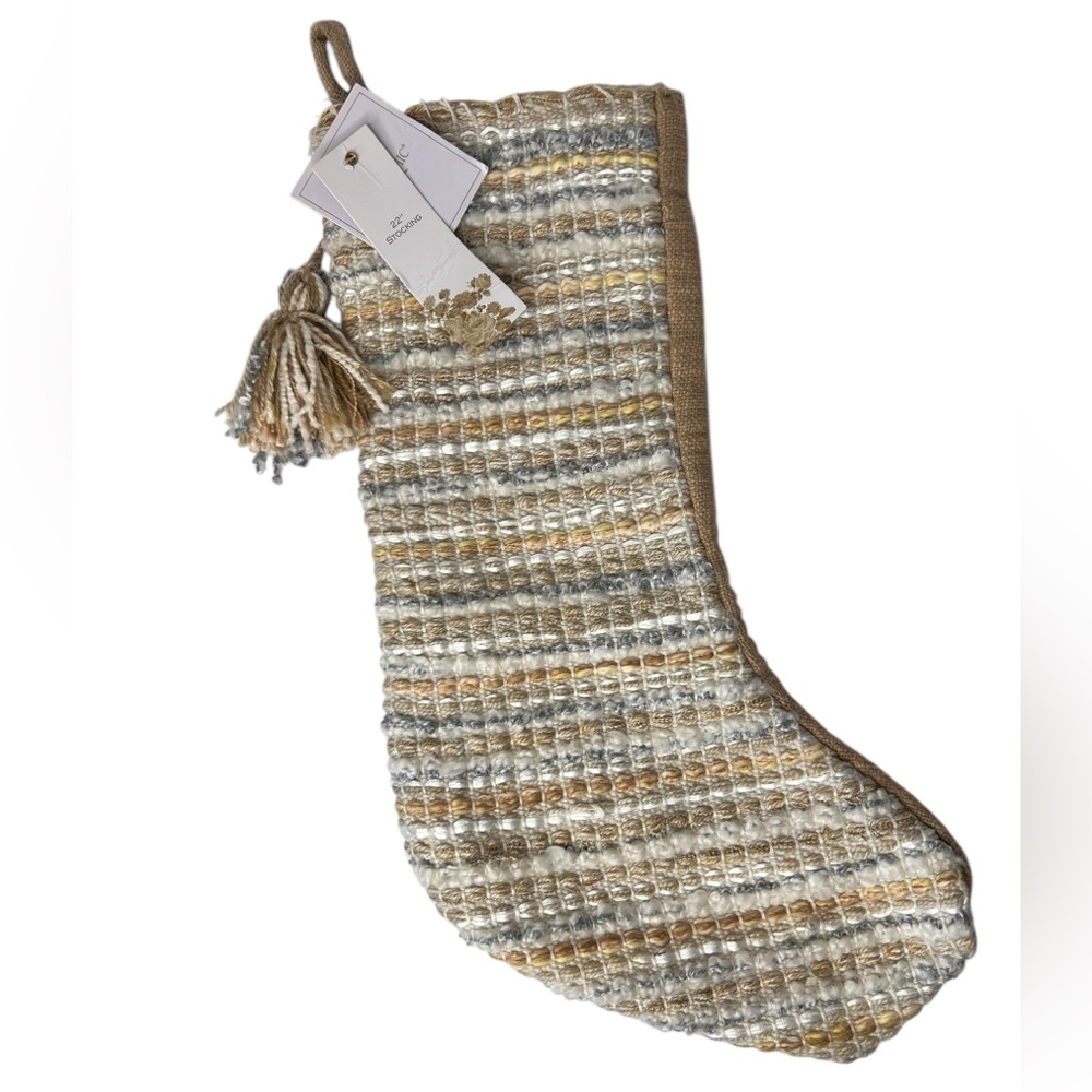 Shabby Chic Christmas Stocking Country Farmhouse Woven Cream Gray White Burlap